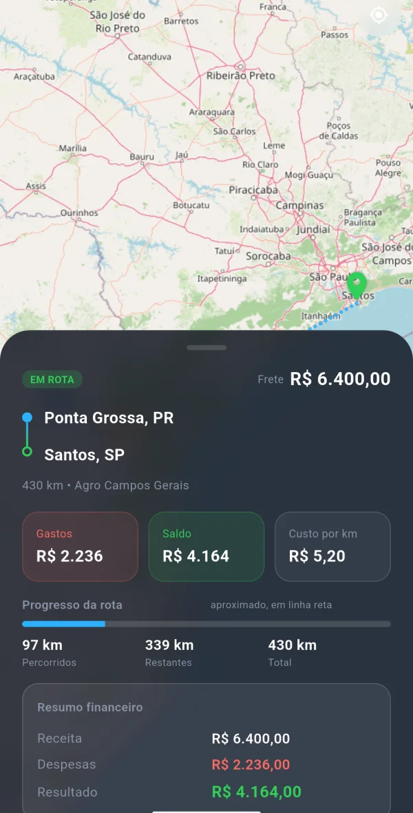 Tela A viagem do app Conecta Trucks
